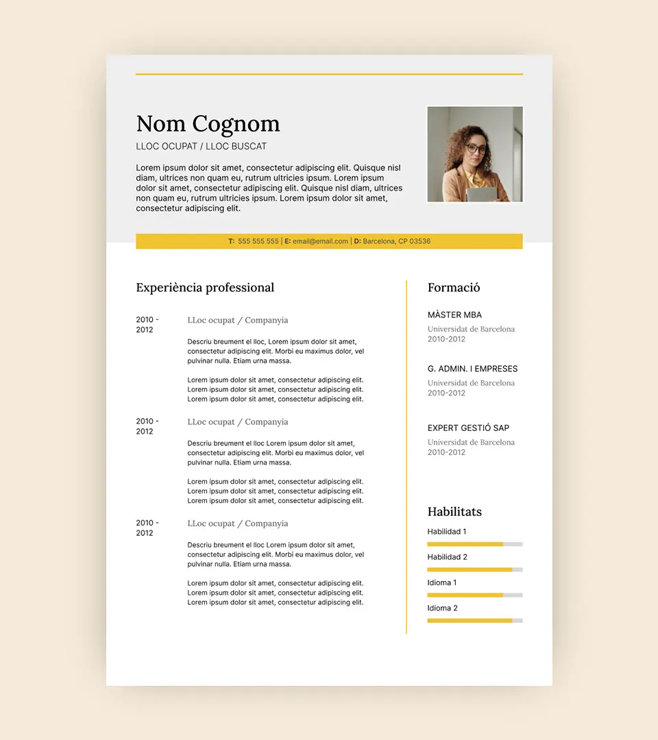 plantilla-curriculum-catala-1 Modelo currículum en catalán. Diseño sencillo en dos columnas, incluye fotografía de perfil y todas las secciones básicas