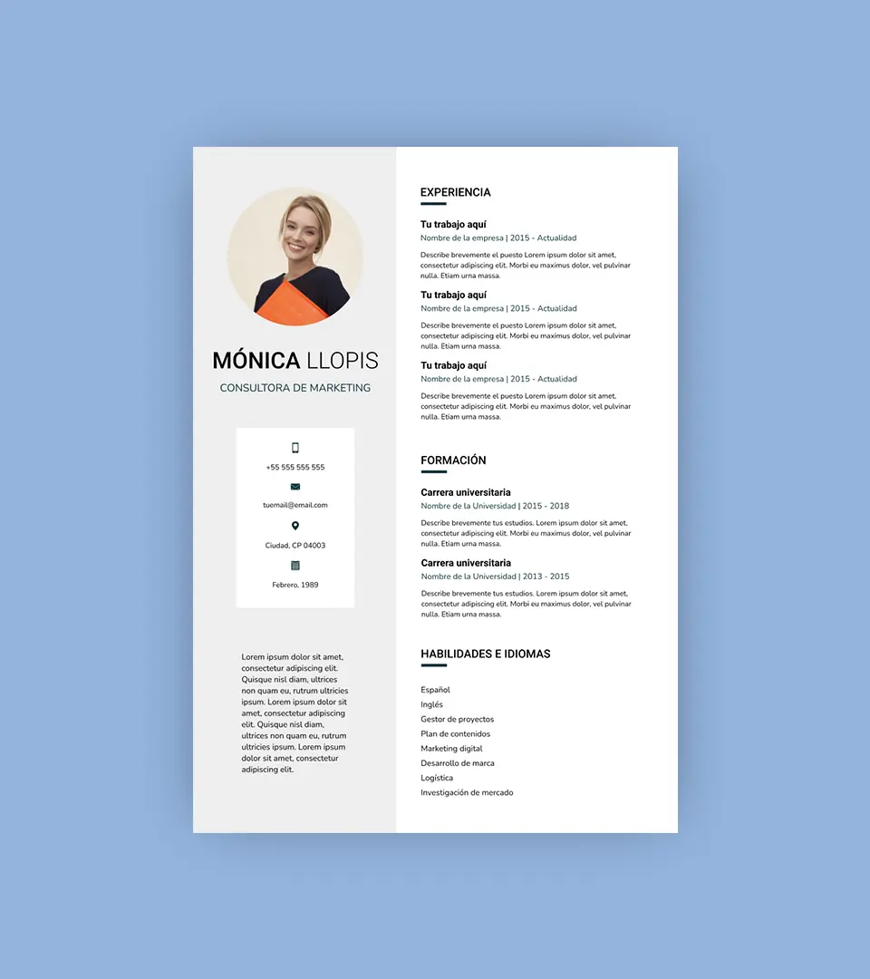 Plantilla curriculum cronológico con diseño sencillo en dos columnas. Incluye fotografía de perfil y las secciones básicas de un CV