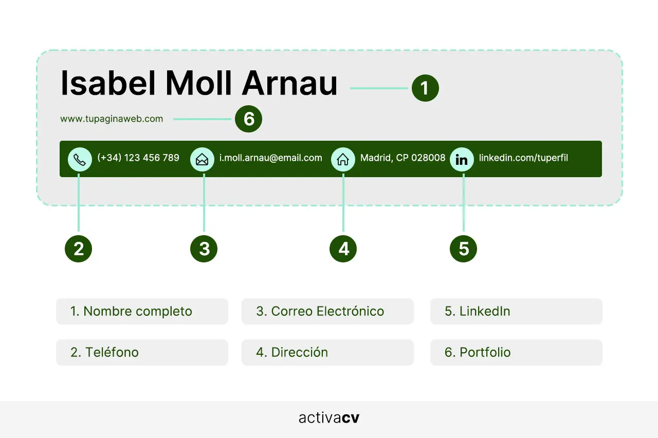 Esquema de ejemplo de la sección de contacto de un curriculum vitae