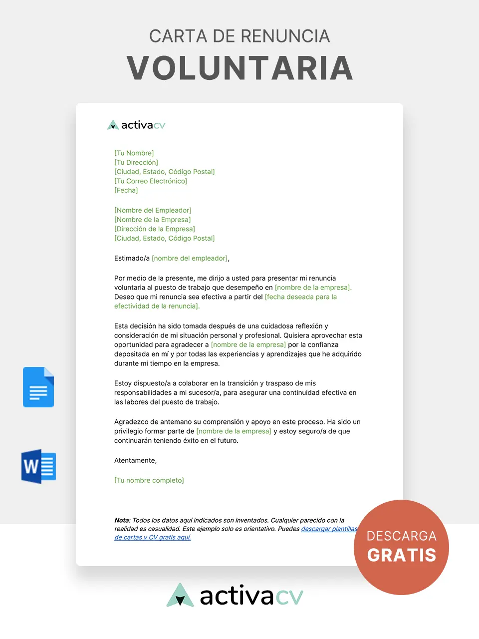 Ejemplo carta renuncia voluntaria, formato Word y Google Docs