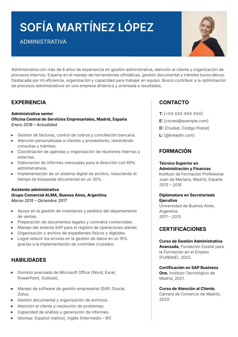 Plantilla de Currículum para Administrativo