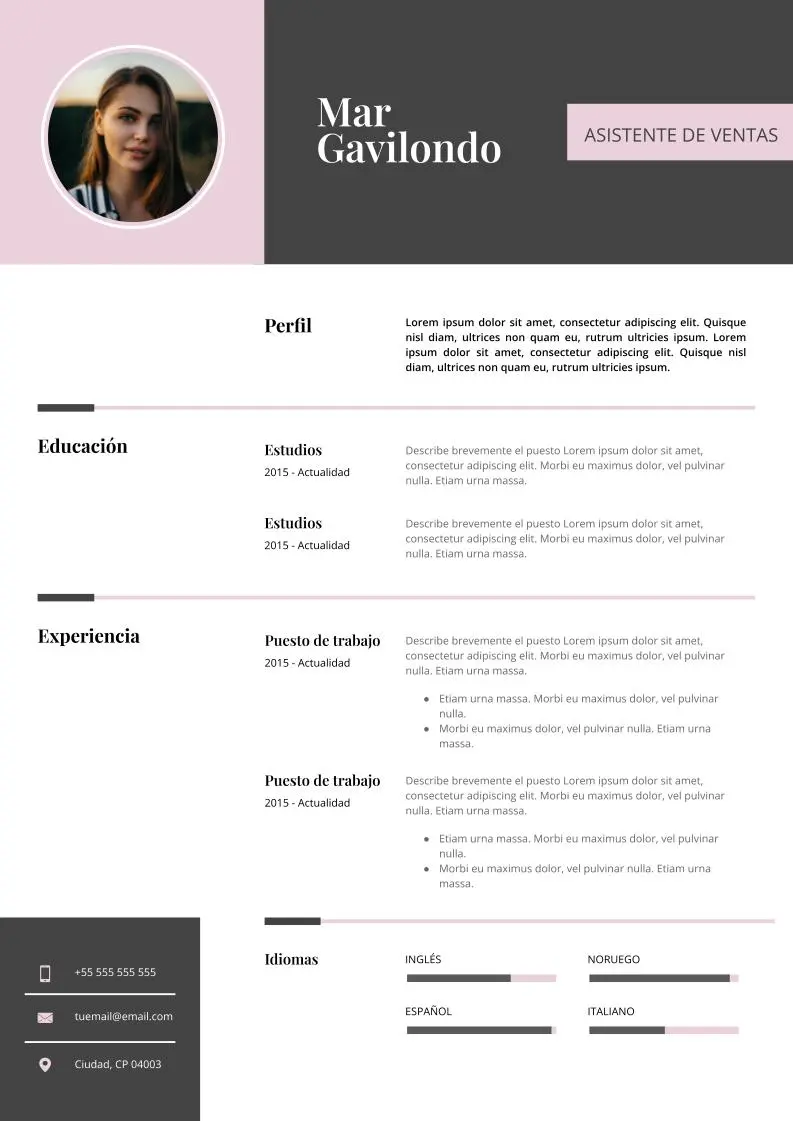 Plantilla de Curriculum vitae sencilla rosa y gris